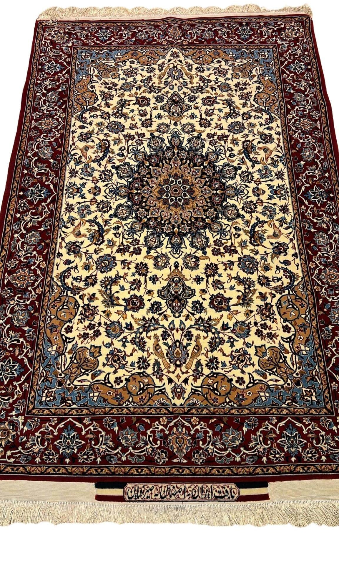 "Hand-knotted Seirafian Persian rug by Master Ahmad Seirafian, featuring intricate floral and medallion designs in wool and silk."